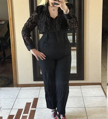 De Colección Años 80/90 MENU Mujer’s Negro Pantufuit Terciopelo Chaqueta Mono Talla 8 S/M Hecho en EE. UU. Foto 1 de 4