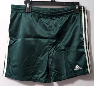 Vintage 90s Y2K ADIDAS Soccer Shorts 3 Stripes Green Shiny Satin Youth L/Men M - Picture 1 of 9