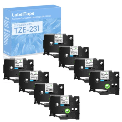 8x Black and White 12mm Labelling Tapes Compatible with Brother TZ-231 PT-1300 - Image 1 of 4