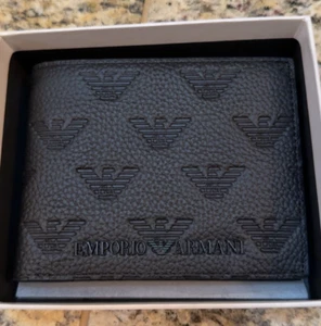 Emporio Armani 175 $ Leder Kartenetui Logo FALTUNG GELDBÖRSE schwarz AUTHENTISCH NEU - Bild 1 von 8