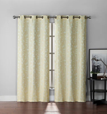 Set of Two (2) Leaf and Branch Design Jacquard Window Curtain Panels: Ivory - Image 1 of 2