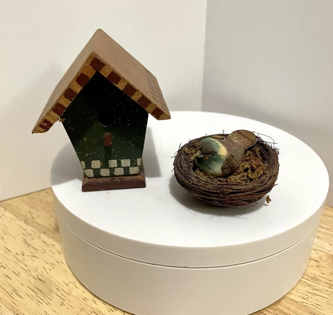 Mini Wooden Bird House Primitive Country With Bird In A Nest Cover