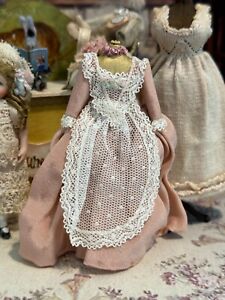 Vintage Artisan Miniature Dollhouse Pink Silk Girl's Dress on Gold Dress Form