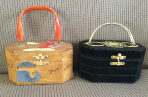 Two Billie Ross of the Palm Beaches Wood Purses Golf Theme/ Fancy Black Velvet - Picture 1 of 12