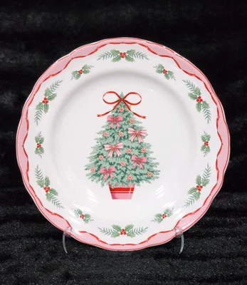 2 PINKMAS Salad Plates Pink Bows Christmas Tree 8.5" Porcelain Holly 222 Fifth - Image 1 of 4
