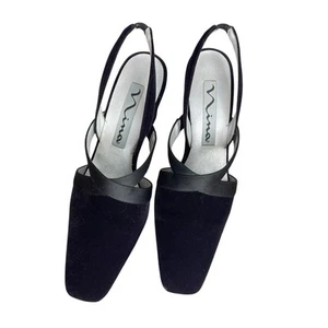 Nina Vintage Black Velvet Satin Formal Heels Square Toe Block Heel Slingback 8N - Picture 1 of 11