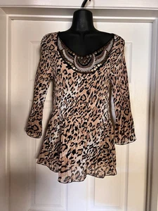 Dressbarn Womens Blouse Animal Print Bead Embellished Stretch Bell Sleeves Sz M - Picture 1 of 5
