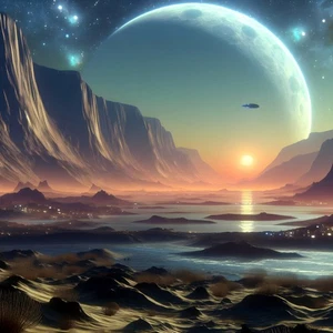 Alien Landscape at Sunset Cliffs Large Moon Spaceship Poster Art Print 24 x 24 - Picture 1 of 2