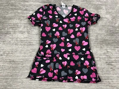 Cherokee Scrub Top Womens XXS Multicolor AOP Hearts Ribbons V-Neck Short Sleeve - Image 1 of 4