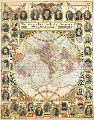 1921 World Map in One Hemisphere Portraits of World Leaders 11"x14" Wall Poster - Image 1 of 2