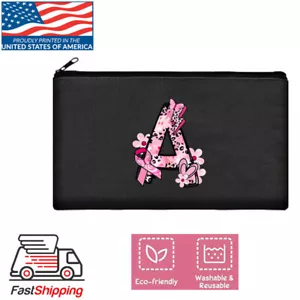 Pink Ribbon Initial Letter Make up Pouch Canvas Bag Breast Cancer Awareness 8x5 - Picture 1 of 29