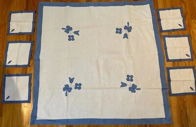 VTG Handmade 44x44 White W Blue Polka Dot Trim Embroidered Flowers & 6 Napkins - Image 1 of 4