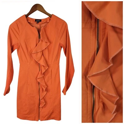 Bebe Tempted Orange Jacket Dress Size XS Full Zip Up Long Sleeves Ruffle Front - Image 1 of 4