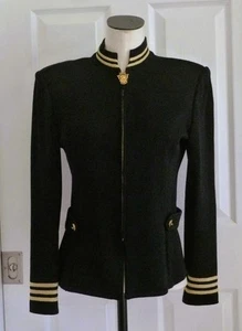 ST JOHN Black Metal Gold Santana Logo Button & Zipper Pull Cardigan Jacket 8 EUC - Picture 1 of 17