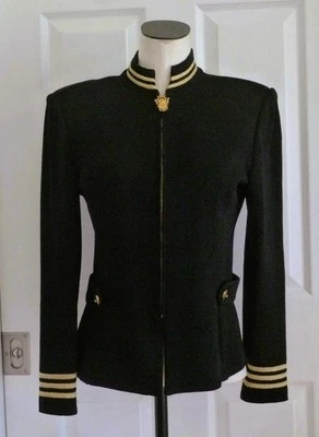 ST JOHN Black Metal Gold Santana Logo Button & Zipper Pull Cardigan Jacket 8 EUC - Image 1 of 4