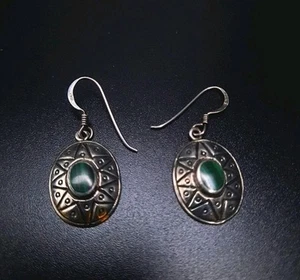 Malachite 925 Sterling Silver Dangle Earrings Boho Southwest Green - Picture 1 of 7