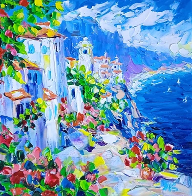 Amalfi Cityscape Oil Painting Wall Art Italy Coast Canvas 8x8 inch - image 1 of 4