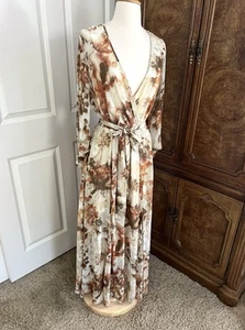 Boho Maxi Dress Slit Sleeve Plunge Wrap Top Floral Chiffon Coquette Earthy - Picture 1 of 10