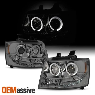 Fits 07-14 Suburban Avalanche Tahoe Smoke Dual Halo LED DRL Projector Headlights - Image 1 of 4