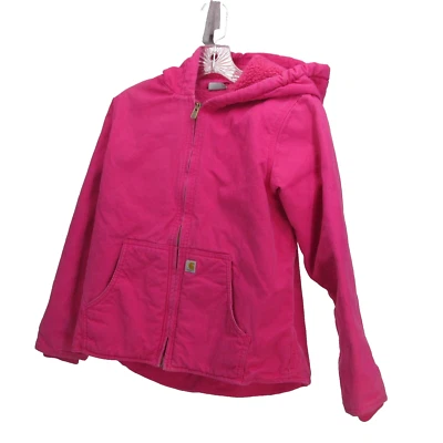 Carhartt Duck Canvas Jacket Girls Large 14 Pink hooded Sherpa Lined Zip Chore - Image 1 of 4