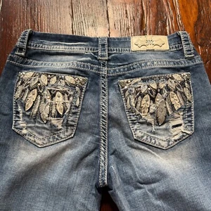 Miss Me Jeans Womens 28 Blue Mid Rise Easy Boot Embellished Wings Faded Whiskers - Picture 1 of 18