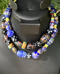 Vintage Old Blue Venetian Style African Trade beads Art Glass Bead Necklace A4 - Picture 1 of 17