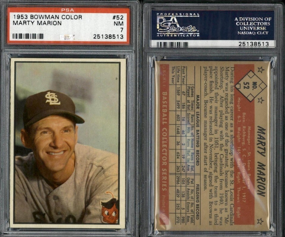 1953 BOWMAN COLOR #52 MARTY MARION PSA 7 CARDINALS BROWNS NO STAIN NO INK RUN