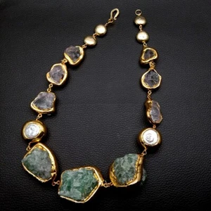 Real Green Gemstone Fluorite Rough Raw Clear Quartz White Coin Pearl Necklace - Imagen 1 de 6
