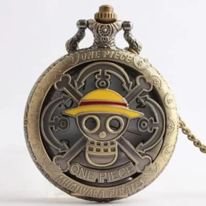 Antique Bronze Pirate Skulll Anime One Piece Quartz Pocket Watch Necklace WORKS! - Picture 1 of 8