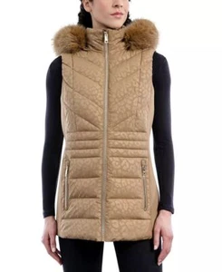 Michael Kors Women's 1X Hooded Quilted Faux Fur Trim Vest Camel Leopard NWT $180 - Picture 1 of 16