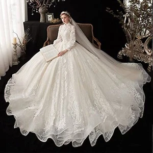 IS-NWT High Neck Open Back Long Sleeves Beading Lace Ball Gown Wedding Dress - Picture 1 of 10