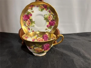 Royal Chelsea Tea Cup & Saucer Bone China Pink Cabbage Golden Rose Heavy Gold - Picture 1 of 1