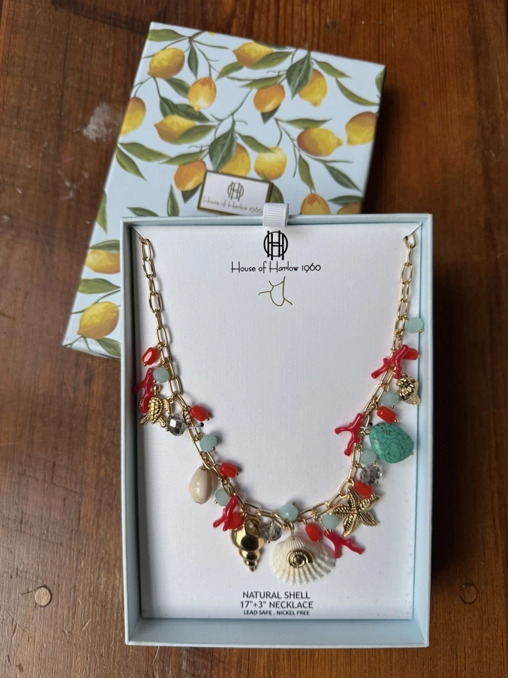 NIB House of Harlow 1960 Charm Necklace, Shells Coral Starfish Stones, Viral! - Image 1 of 1