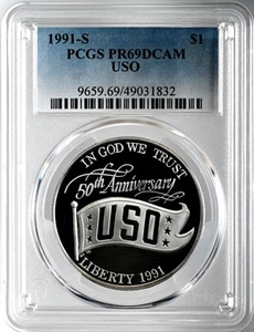 1991-S $1 USO PROOF SILVER DOLLAR COMMEMORATIVE PCGS PR69 DCAM #49031832 - Picture 1 of 4