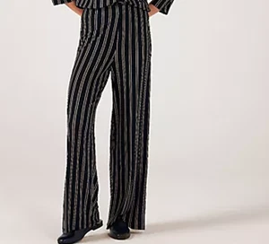 Kim & Co Brazil Jersey Stripe Wide Leg Trousers Black new size Small Petite j4 - Picture 1 of 3