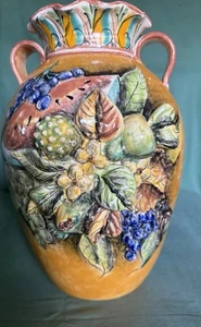 Majolica  Mexico 12” 1/2  VASE with High Relief Attached Fruits Mutlicolors - Picture 1 of 10