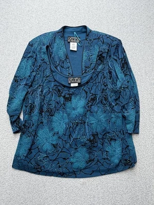 Alex Evenings 夹克背心套装女式 1X 蓝色蓝绿色花卉 2 件套缎面装饰 — 第 1/4 张图片