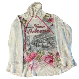 New Orleans Rhinestone Floral Print Hoodie Sweater Knit XL - Picture 1 of 6
