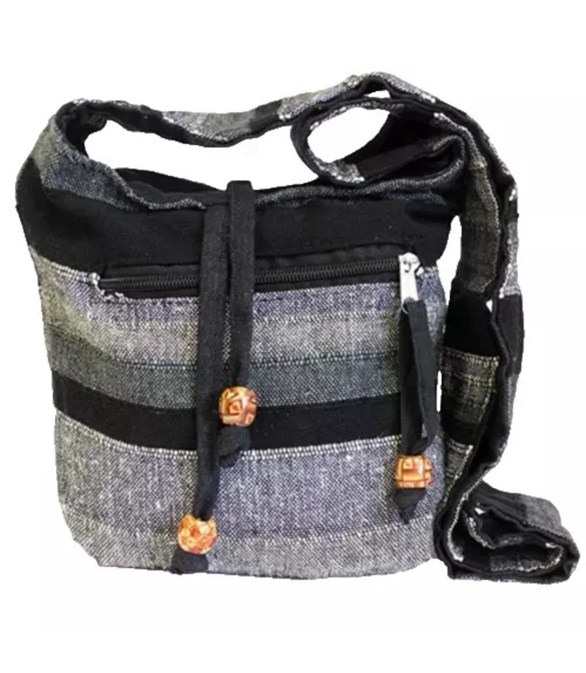 Women Casual Shoulder Sling Bag 24cm Black Granite Grey Cotton Hippie Nepal Boho - Image 1 of 4