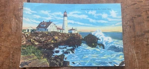 Vintage Portland Head Leuchtturm Casco Bay Maine Leinen riesige Postkarte 7 x 11 Zoll - Bild 1 von 2