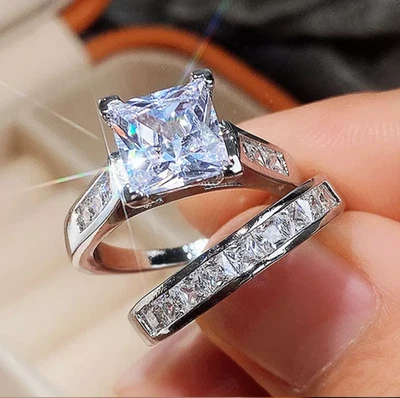 Juego de anillos de boda de acero inoxidable para mujer con circonitas cuadradas talla 6 Foto 1 de 4