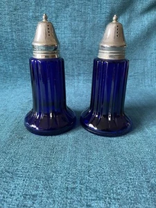 Vintage Cobalt Blue Glass Muffineer Sugar Shakers With Silver Cap-Art Deco Era - Picture 1 of 3