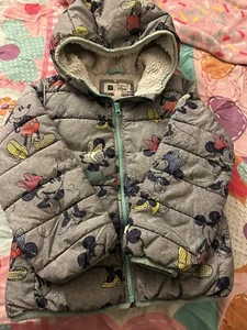 GAP Kids X Disney Minnie & Mickey Mouse Puffer Jacket Heather Gray Hooded Coat M - Picture 1 of 5