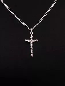 Sterling Silver INRI Crucifix Pendant With 22” Silver Figaro Chain - Picture 1 of 5