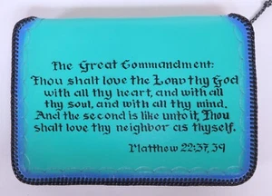 HANDCRAFTED TURQUOISE TOOLED LEATHER BIBLE COVER Phil 4:13, Matthew 22: 37, 39 - Picture 1 of 9