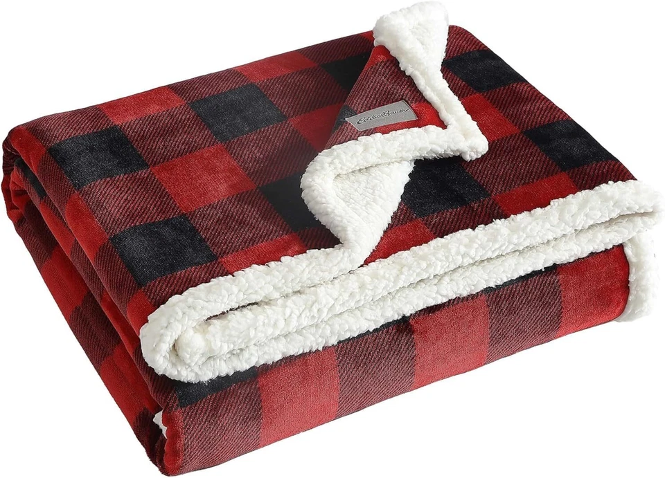 Eddie Bauer 216689 Cabin Plaid Flannel Sherpa Throw Red