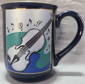 Otagiri Papel Violin Coffee Mug Cup Blue w/ Gold Accents Music Good Condition - Picture 1 of 8