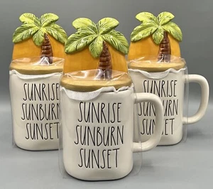 RAE DUNN Neu 1 SUNRISE SUNBURN SUNSET Becher & Palmenaufsatz Kaffeetasse Deckel Knochen - Bild 1 von 24