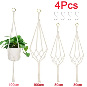 4 PACK Macrame Plant Hanger Hanging Planter Basket Rope Pot Holder with Hooks - Picture 1 of 7