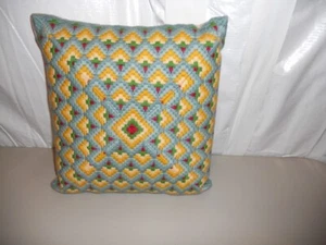 Cuscino bargello cucito a mano vintage oro blu rosso - Foto 1 di 2